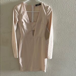 Missguided Tan Bodycon Dress Plunge Neck Long Sleeve